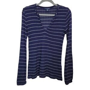 Lucky Brand Sz Small Knit Shirt Top Navy Blue White Stripes Soft Split Neck VGC